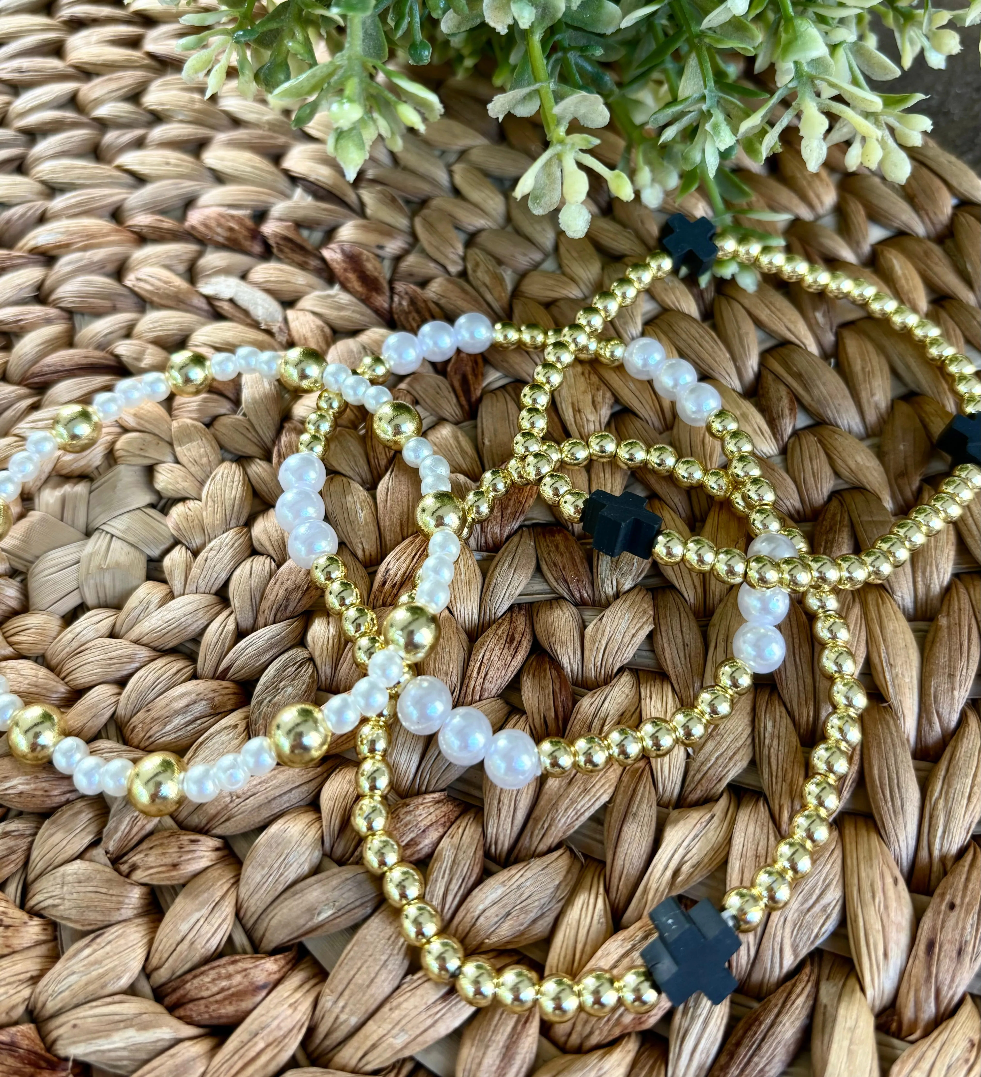 Pearl & Gold Bead Black Cross Bracelets