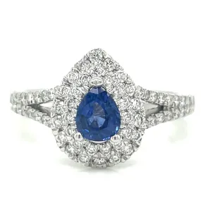 Platinum Pear Cut 0.50ct Sapphire Double Diamond Halo Ring with Split Shank Shoulders