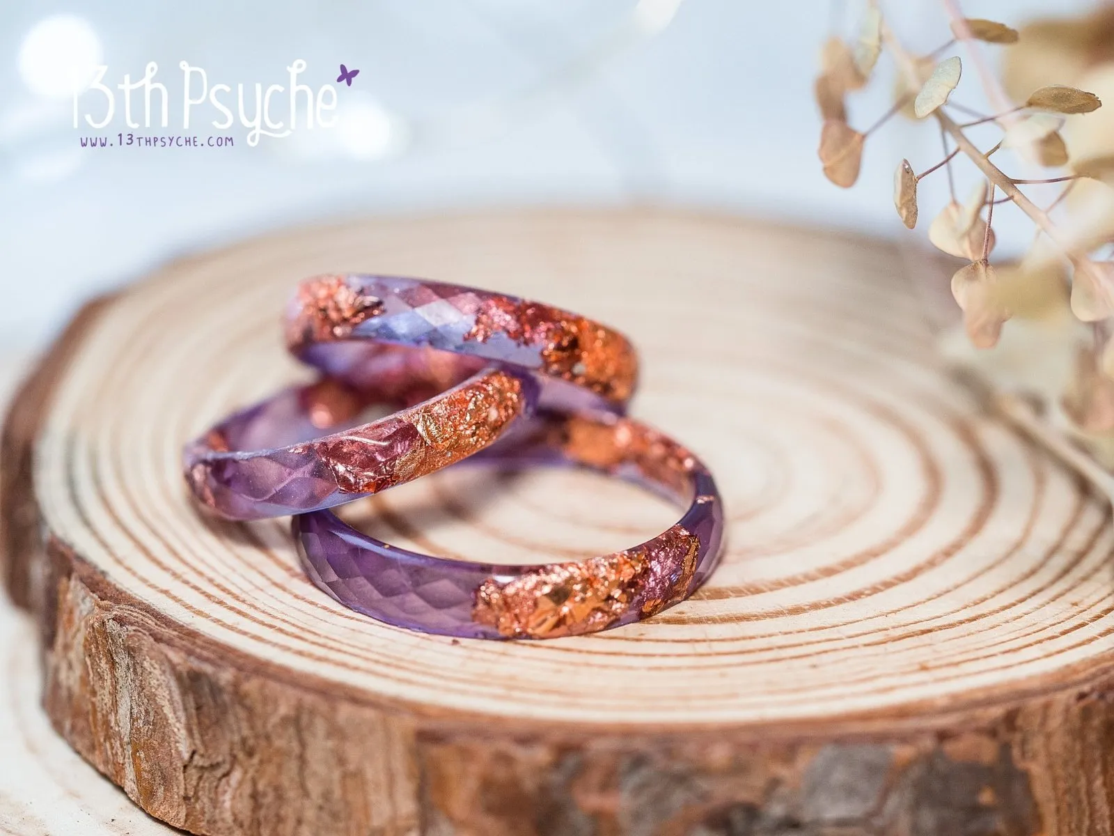 Purple and rose gold flakes faceted resin ring