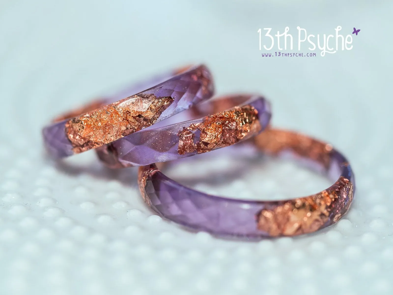 Purple and rose gold flakes faceted resin ring