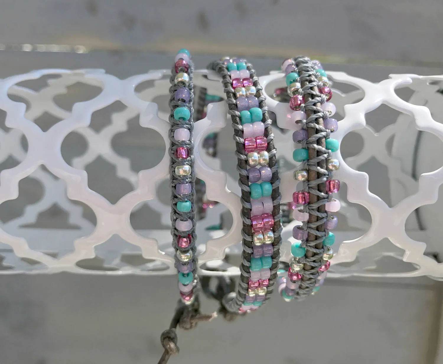 Purple Aqua and Pink Top Beaded Macrame Woven Leather Stack bracelet