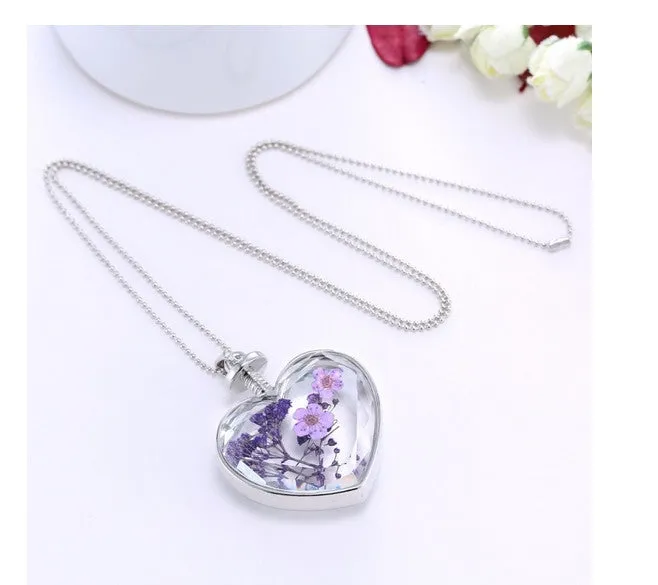 Purple Dried Flower Heart Necklace