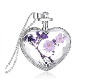 Purple Dried Flower Heart Necklace