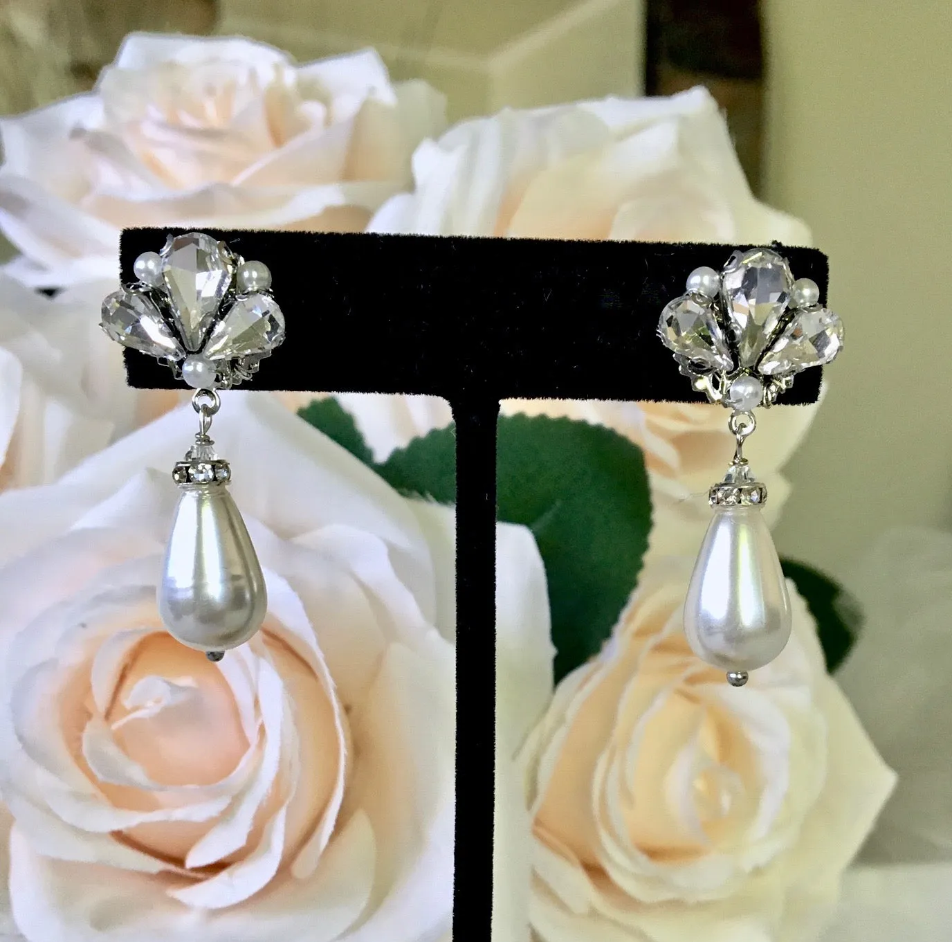 "Eunice" - Vintage Pearl and Rhinestone Bridal Earrings