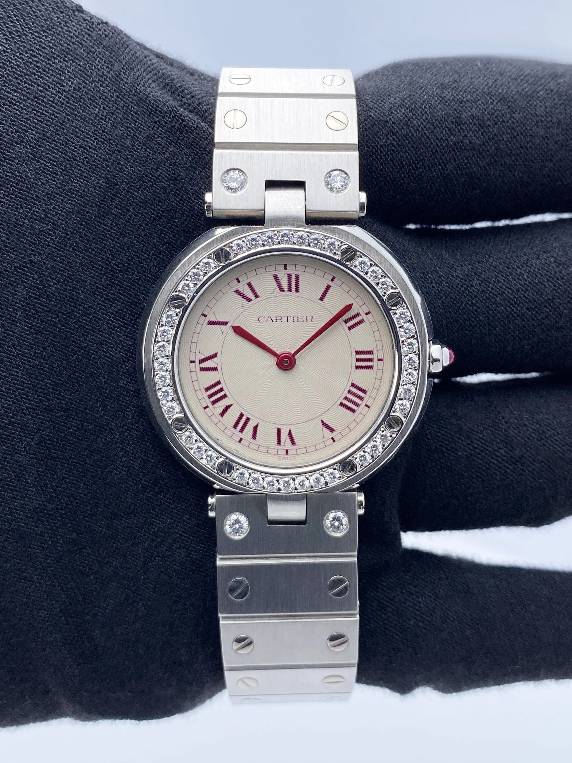 Rare Cartier Santos Vendôme OG Red Dial Platinum Ladies Watch