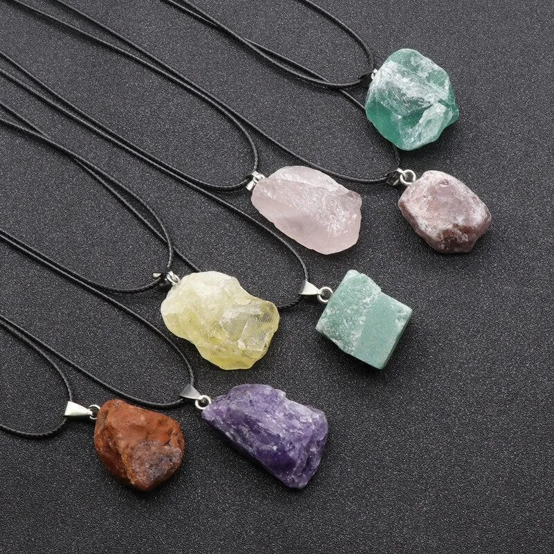 Raw Gemstone Necklace - Crystal Stone Pendant - Red Agate, Amethyst, Citrine, Green Aventurine, Rose Quartz, Strawberry Quartz, Moss Agate