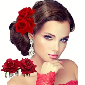 Red Flannelette Rose Bridal Hair Comb for Girls  Women