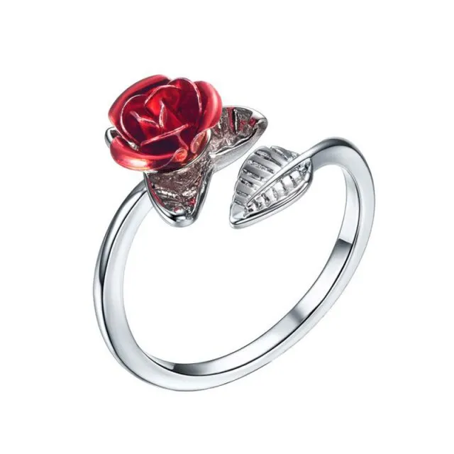 Red Rose Flower Leaves Opening Ring