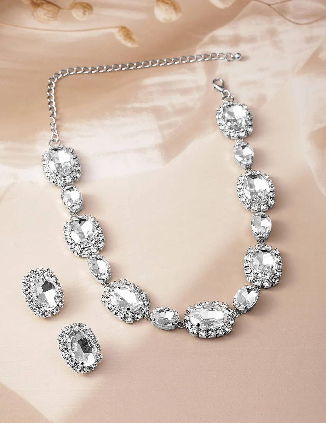 Rhodium Plated Crystal AD & Zirconia Studded Regal Statement Necklace Set