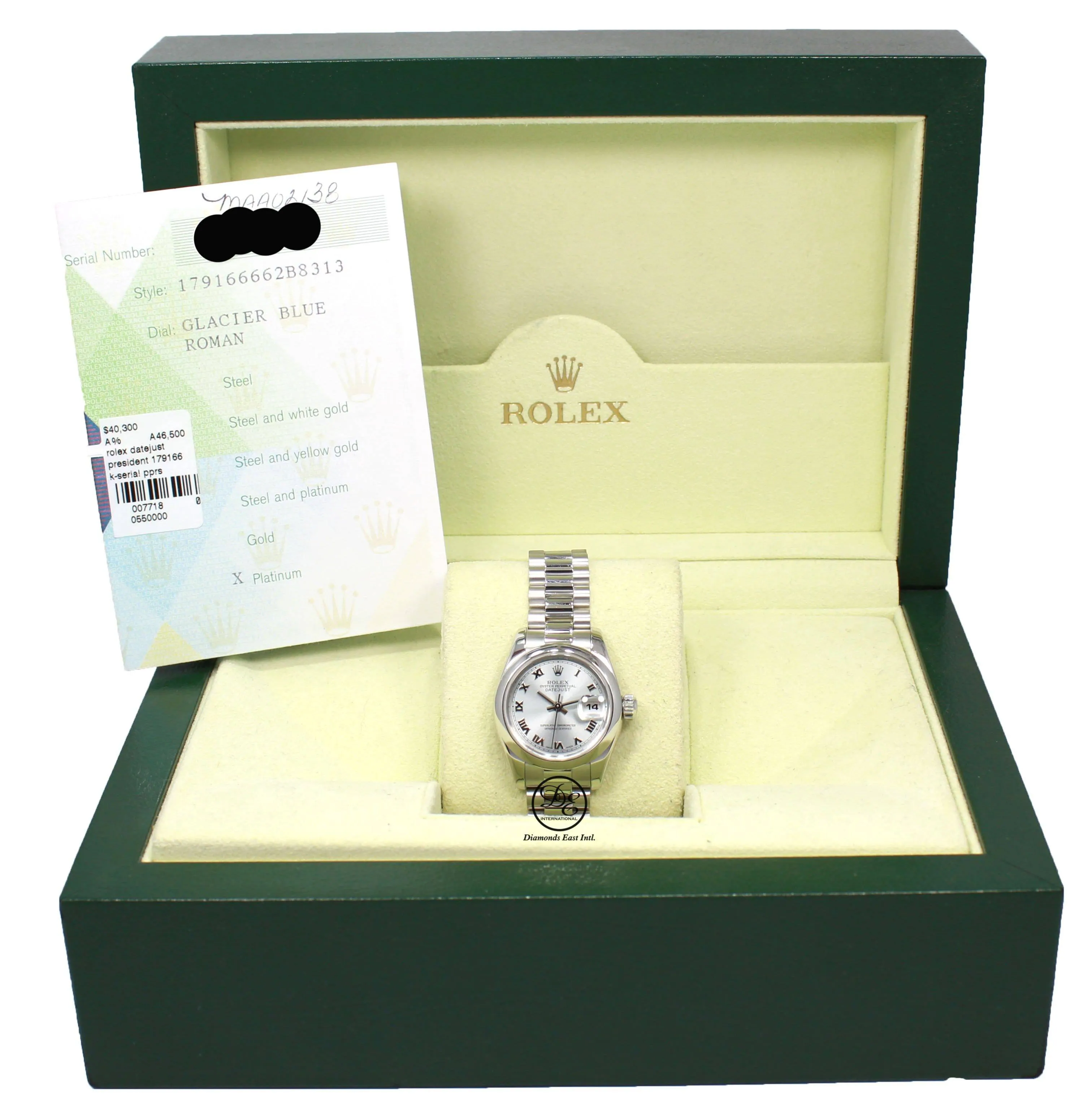 Rolex Datejust President Platinum 179166 Glacier Blue Dial Watch BOX/PAPERS