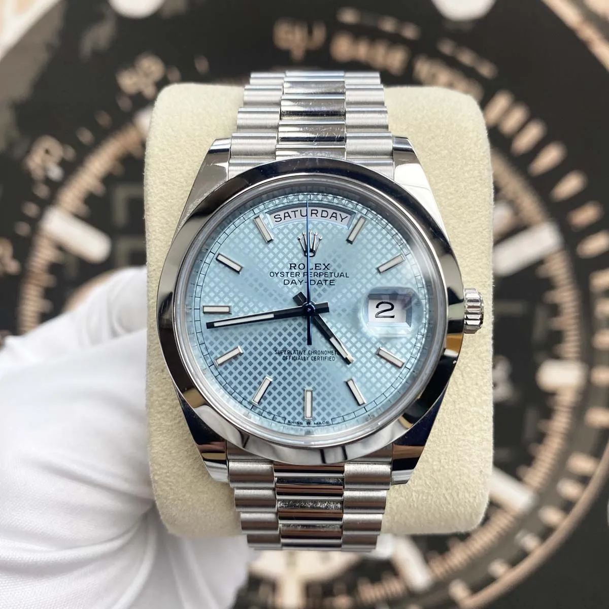 Rolex Day-Date 40mm Platinum Presidential 228206 Smooth Bezel Ice Blue Diagonal Motif Dial Pre-Owned