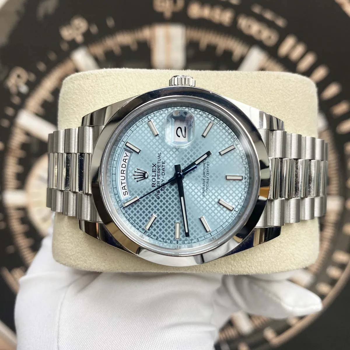 Rolex Day-Date 40mm Platinum Presidential 228206 Smooth Bezel Ice Blue Diagonal Motif Dial Pre-Owned