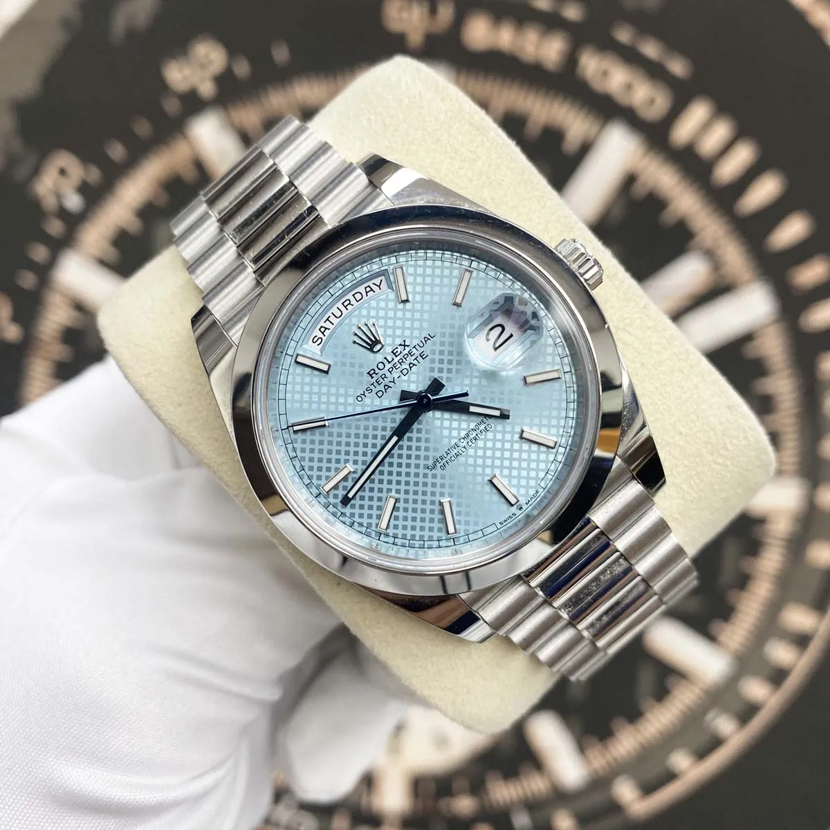 Rolex Day-Date 40mm Platinum Presidential 228206 Smooth Bezel Ice Blue Diagonal Motif Dial Pre-Owned