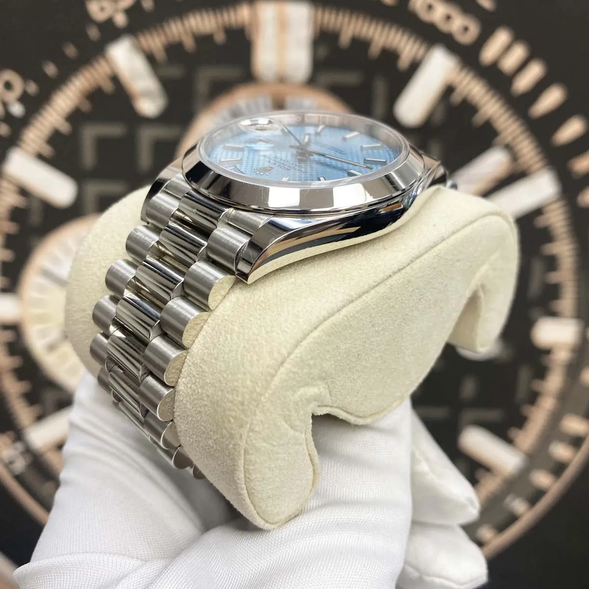 Rolex Day-Date 40mm Platinum Presidential 228206 Smooth Bezel Ice Blue Diagonal Motif Dial Pre-Owned