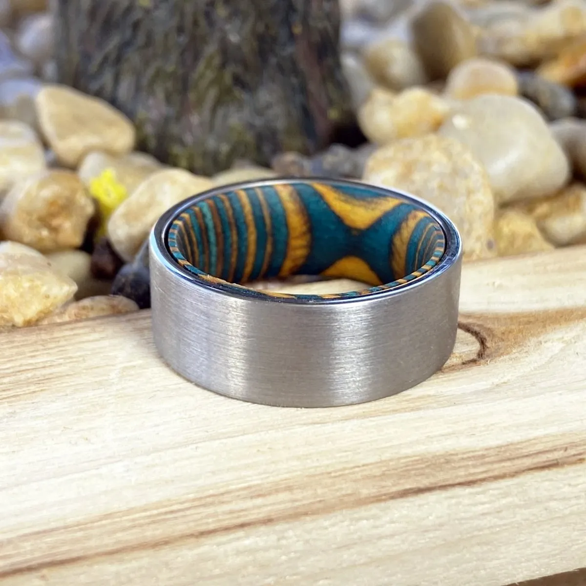 ROYAL | Green & Yellow Wood, Silver Tungsten Ring, Brushed, Flat