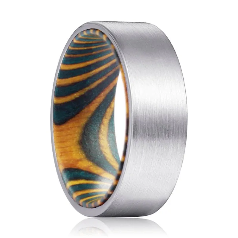 ROYAL | Green & Yellow Wood, Silver Tungsten Ring, Brushed, Flat