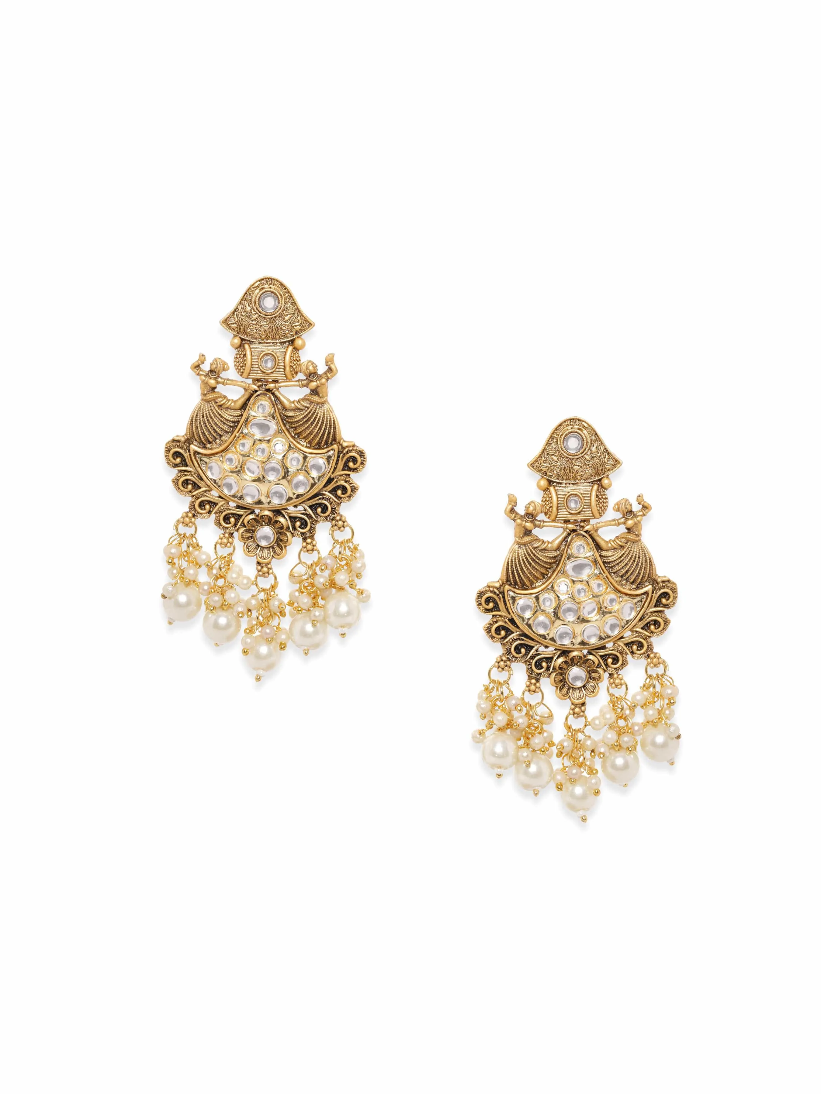 Rubans Gold-Toned Chandelier Earrings with Dangling Pearls