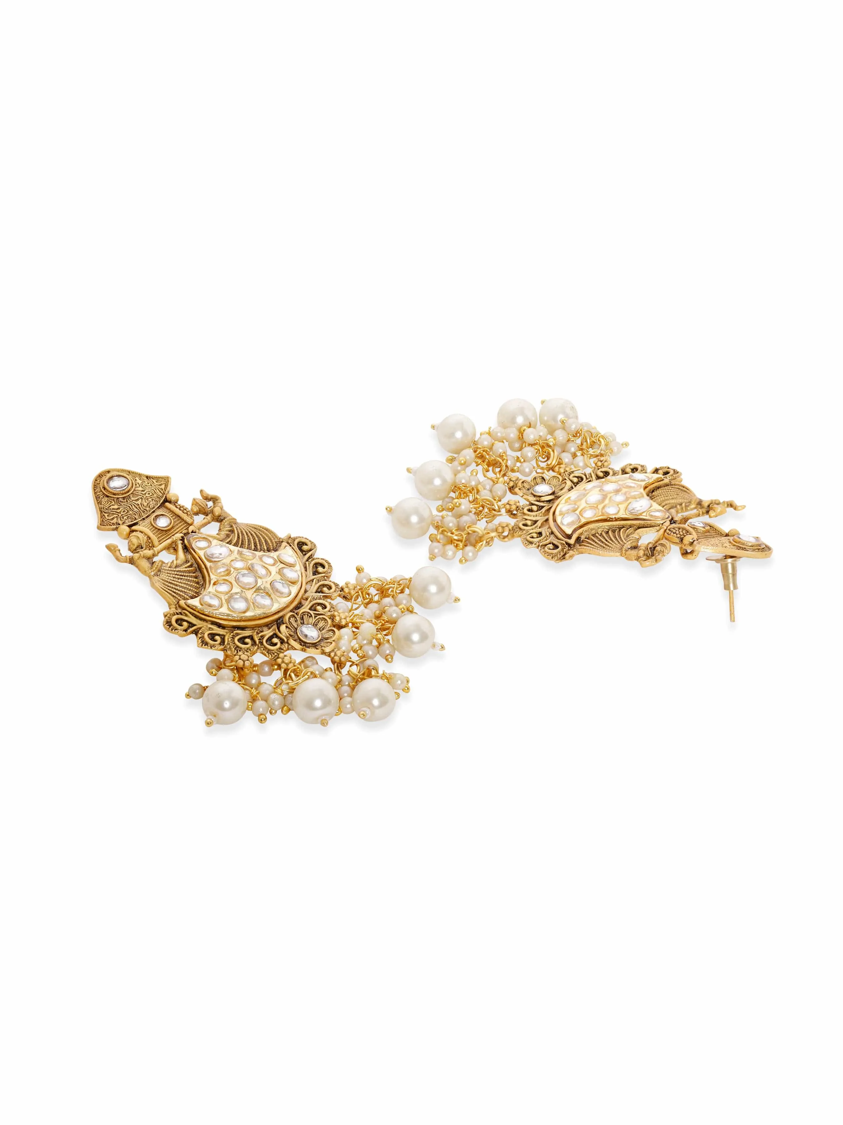 Rubans Gold-Toned Chandelier Earrings with Dangling Pearls