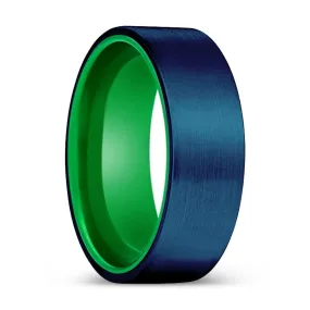 RUVEN | Green Ring, Blue Tungsten Ring, Brushed, Flat