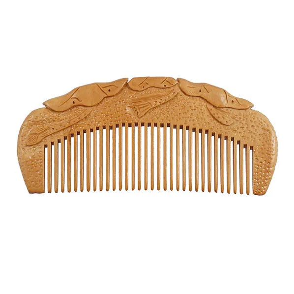 Seamless Peachwood Dome Pocket Hair Comb w/ Embossed Lotus Carvings