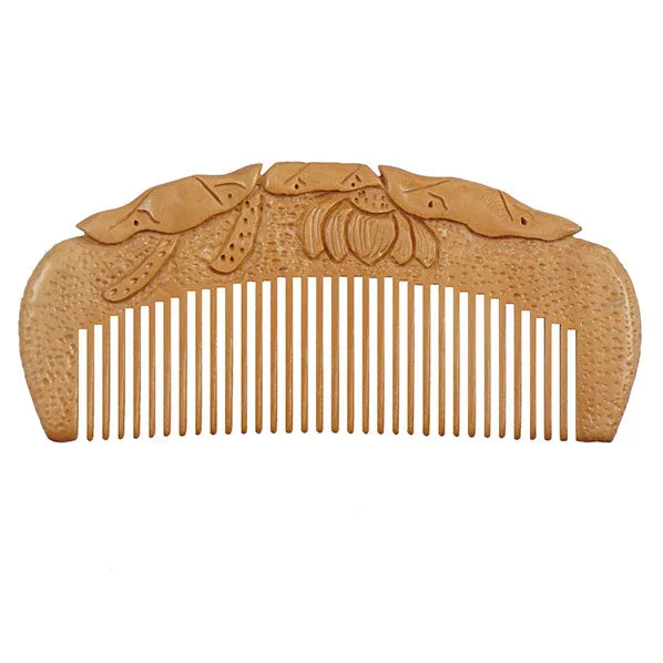 Seamless Peachwood Dome Pocket Hair Comb w/ Embossed Lotus Carvings