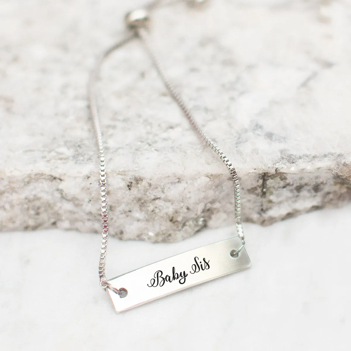 Silver Baby Sis - Script Adjustable Bar Bracelet