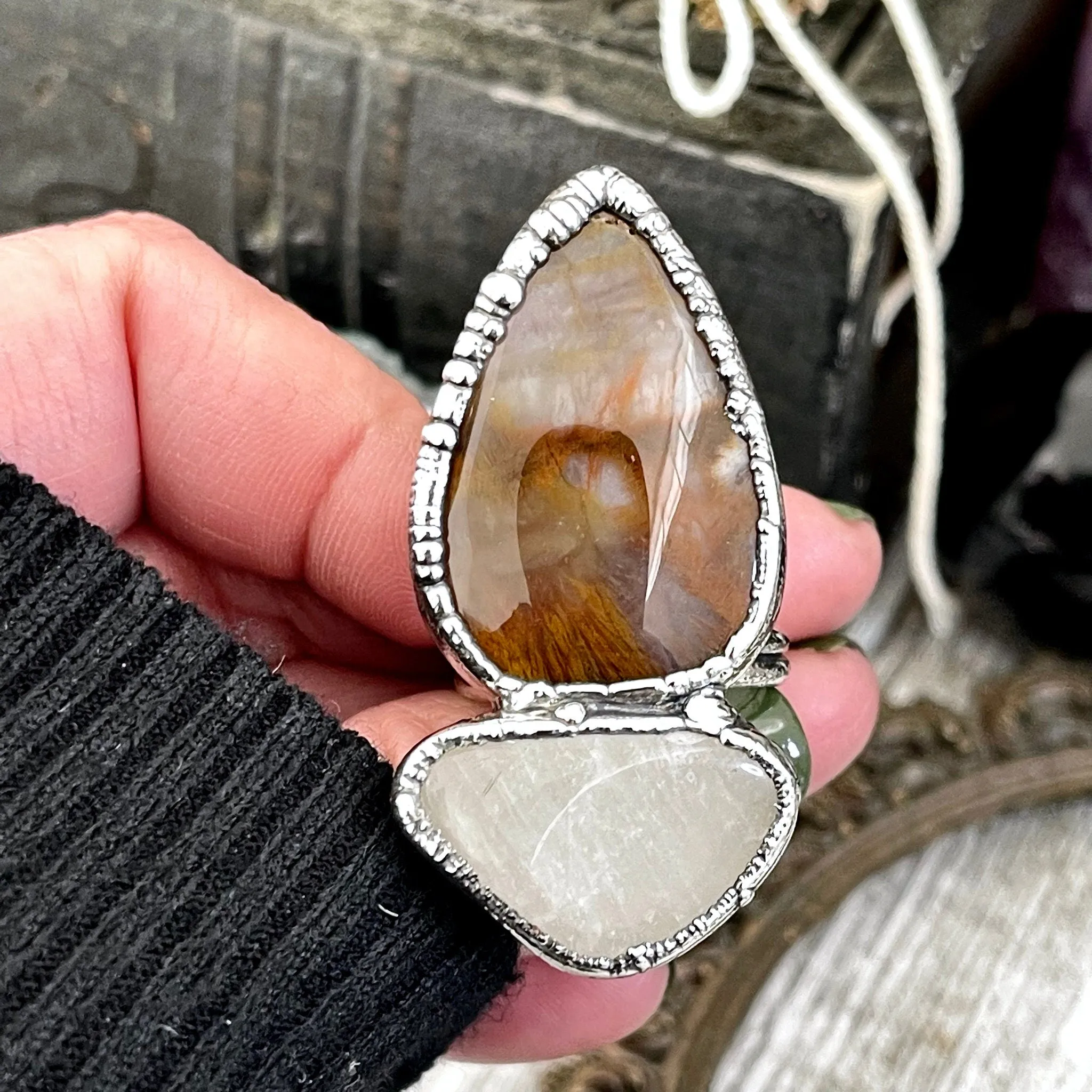 Size 10 Two Stone Ring- Fancy Moss Agate Clear Quartz Crystal Ring Fine Silver / Foxlark Collection - One of a Kind