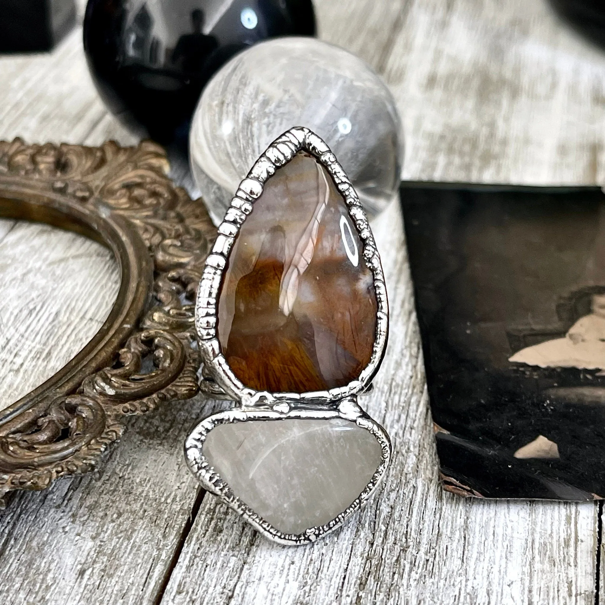 Size 10 Two Stone Ring- Fancy Moss Agate Clear Quartz Crystal Ring Fine Silver / Foxlark Collection - One of a Kind