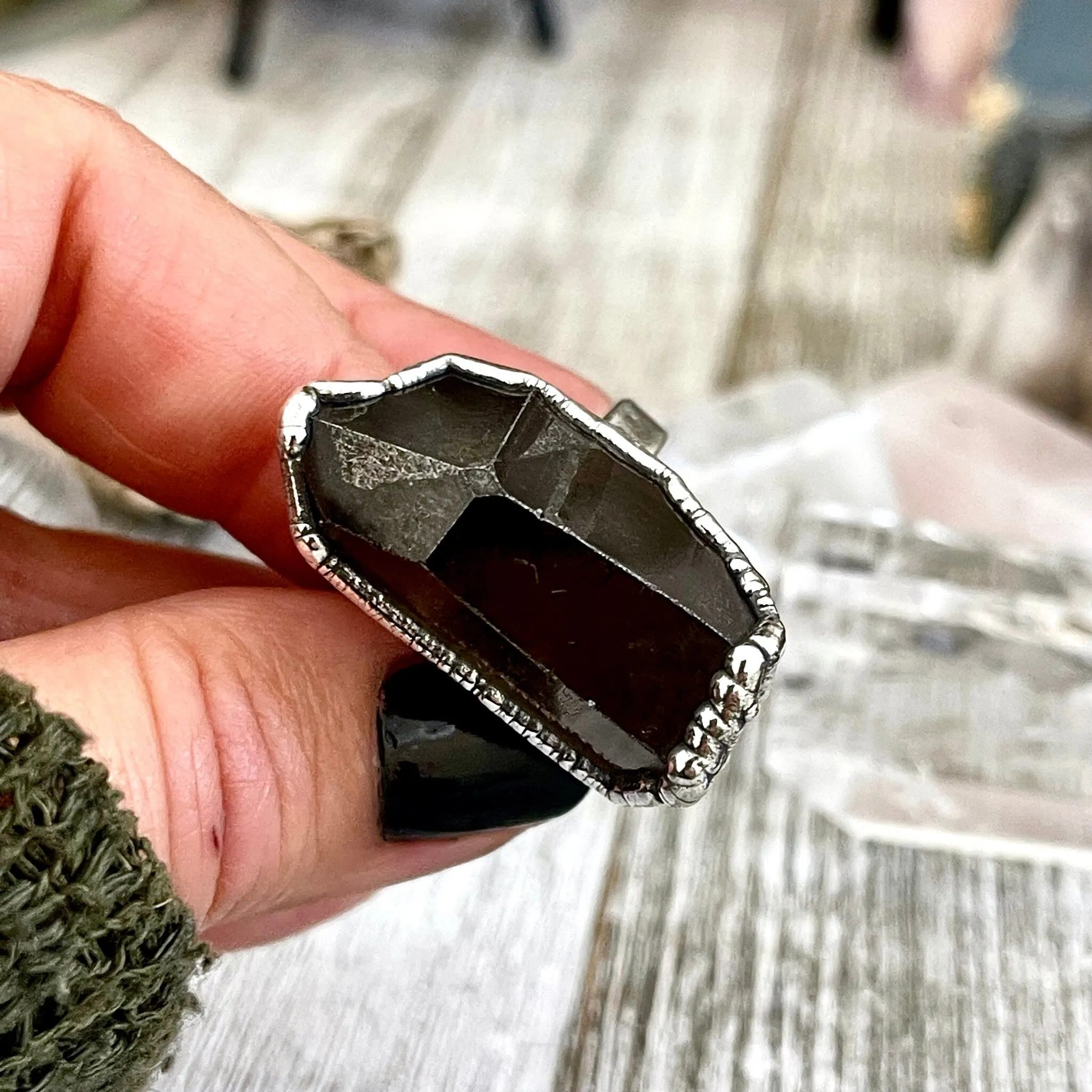 Size 7.5 Raw Smoky Quartz Crystal Cluster Ring Set in Fine Silver / Foxlark Collection - One of a Kind