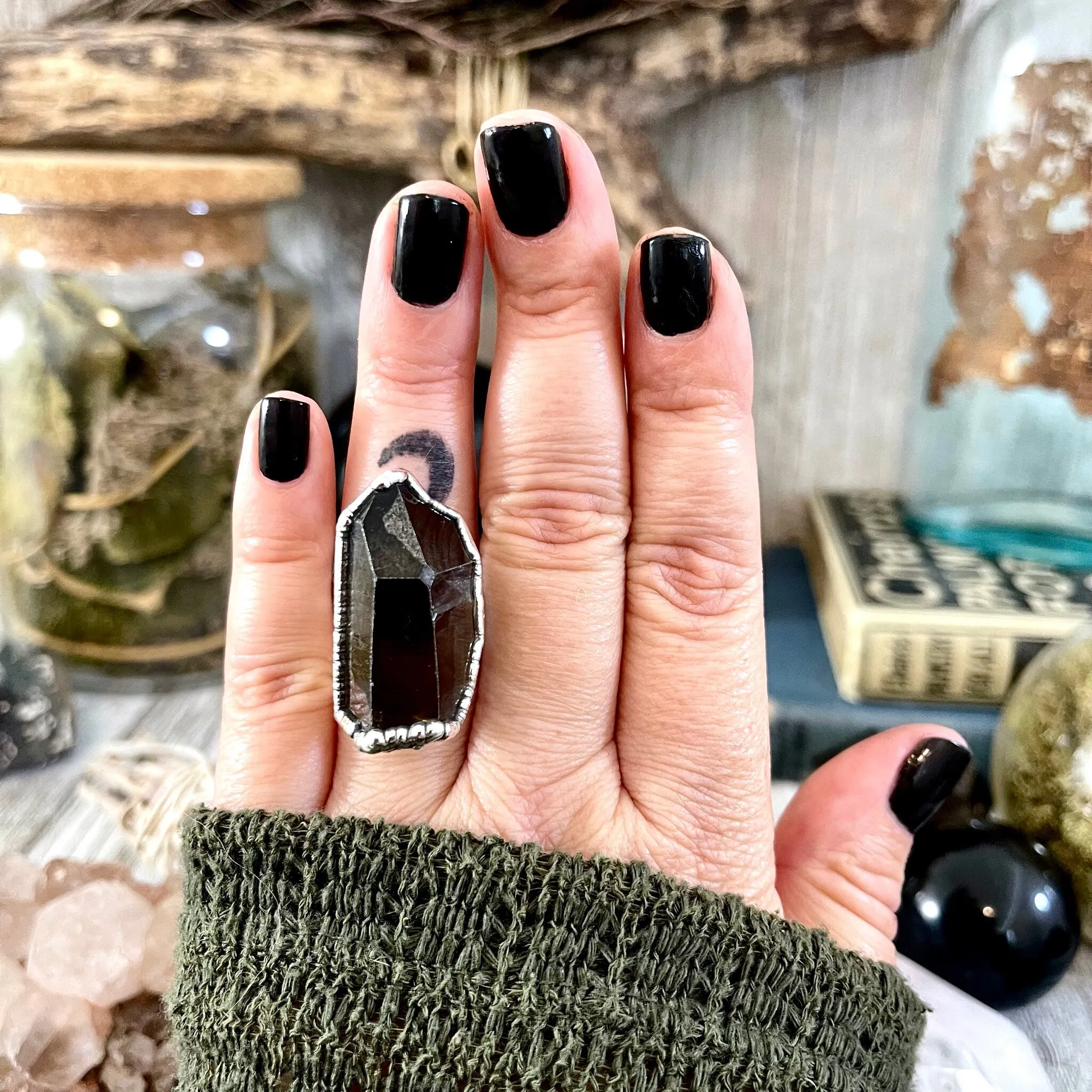 Size 7.5 Raw Smoky Quartz Crystal Cluster Ring Set in Fine Silver / Foxlark Collection - One of a Kind