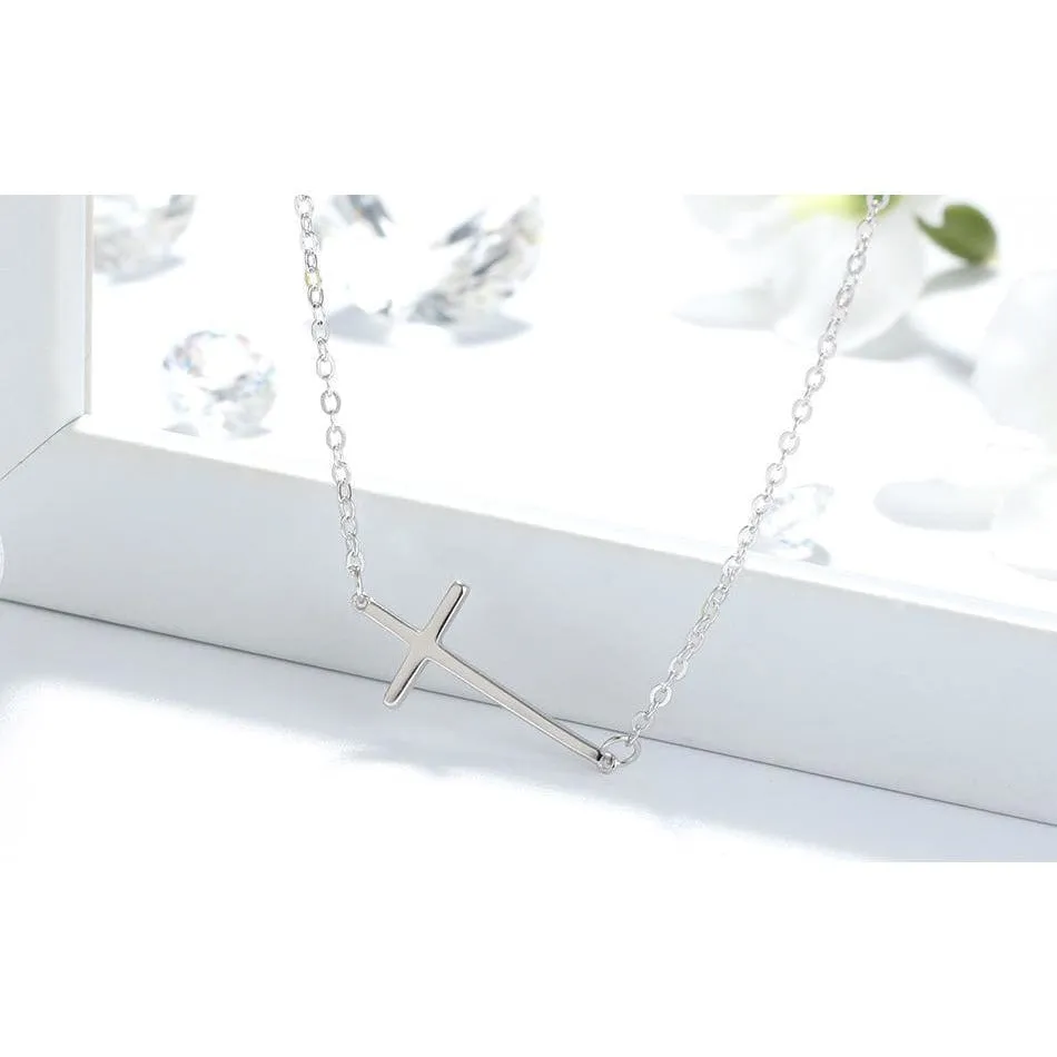 Sterling Silver Cross Necklace-Elegant Sideways Cross