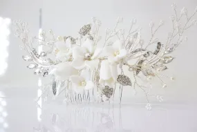 Swarovski Crystals Large Ceramic Flowers & Tiny White Flowers Hair Comb, Bridal Hair piece, Bridal Hair Accessories, Wedding Hair Accessory.