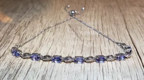 Tanzanite on Platinum over Sterling Silver Bolo Style Bracelet, Adjustable.