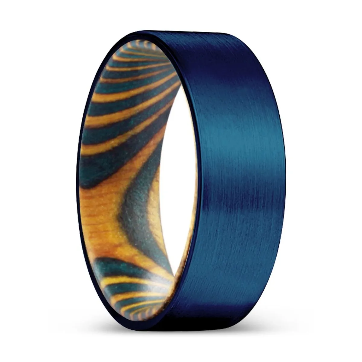 TIGRESS | Green & Yellow Wood, Blue Tungsten Ring, Brushed, Flat