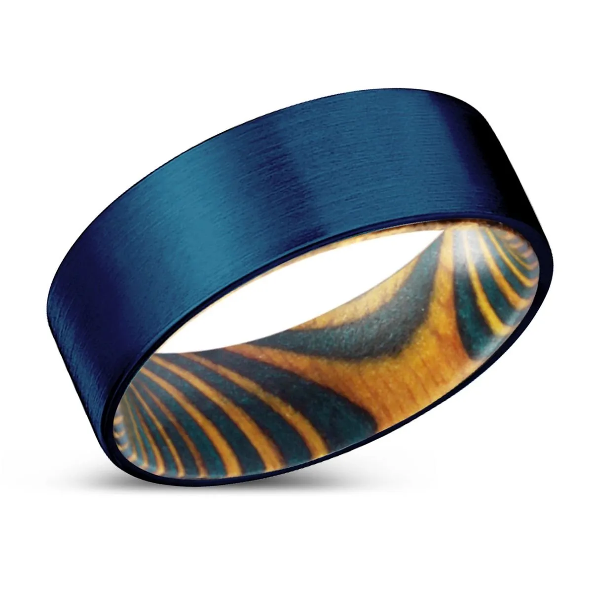 TIGRESS | Green & Yellow Wood, Blue Tungsten Ring, Brushed, Flat