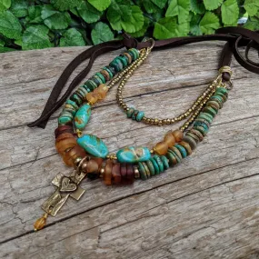 Turquoise & Baltic Amber Multi-Strand Boho Leather Necklace