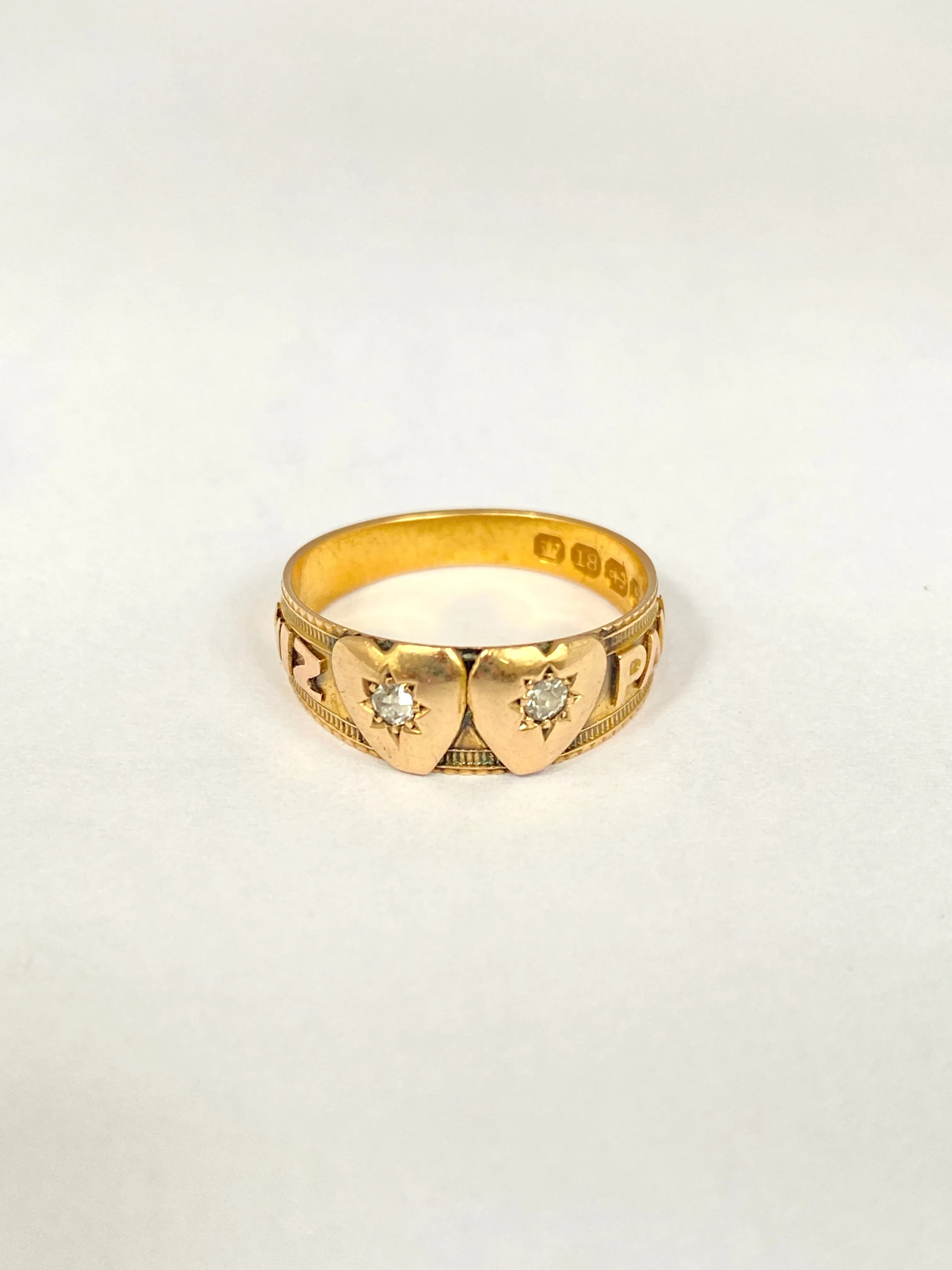 Victorian, 18ct Gold,  Double Diamond Heart Mizpah Ring, Hallmarked for Birmingham, 1892