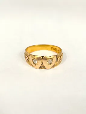 Victorian, 18ct Gold,  Double Diamond Heart Mizpah Ring, Hallmarked for Birmingham, 1892