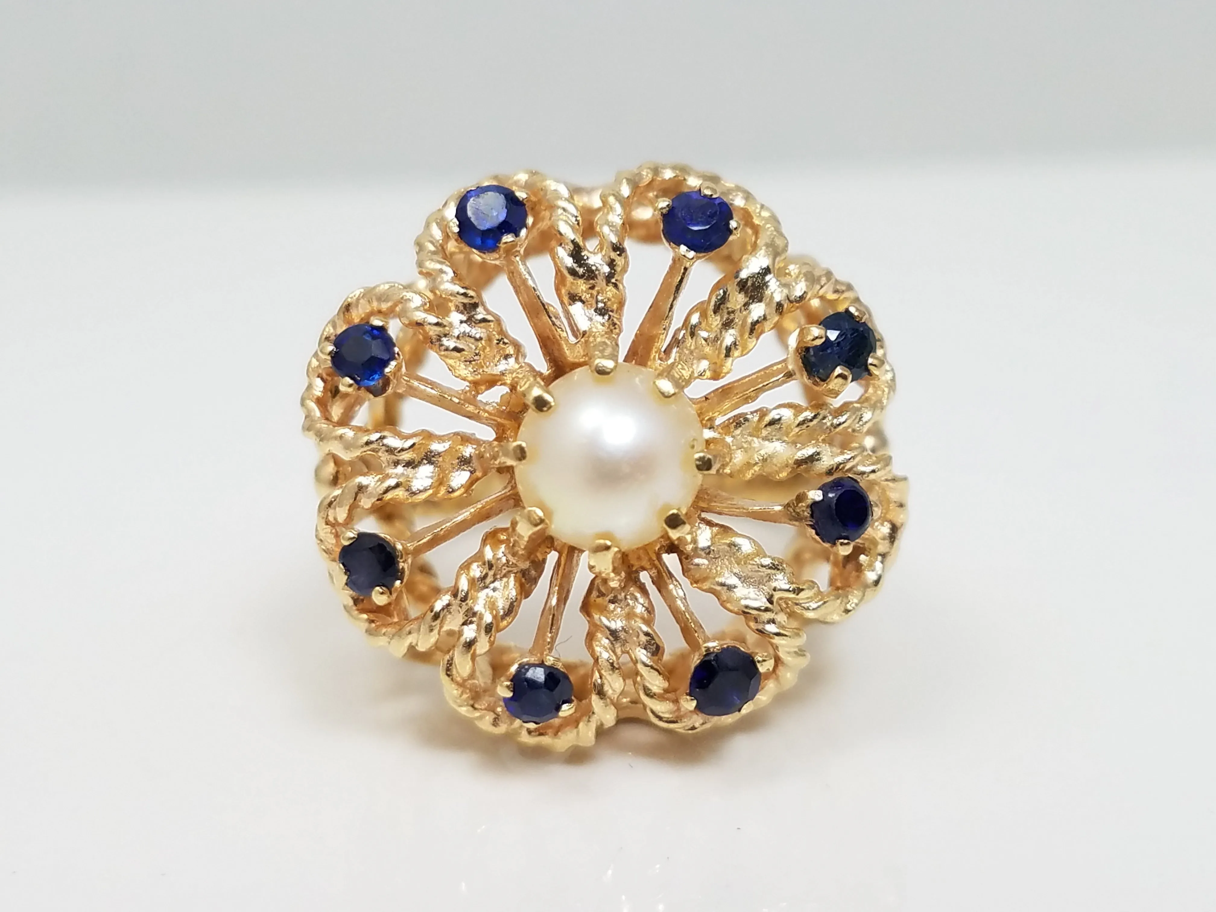 Vintage 14k Yellow Gold Open Work Pearl and Sapphire Ring