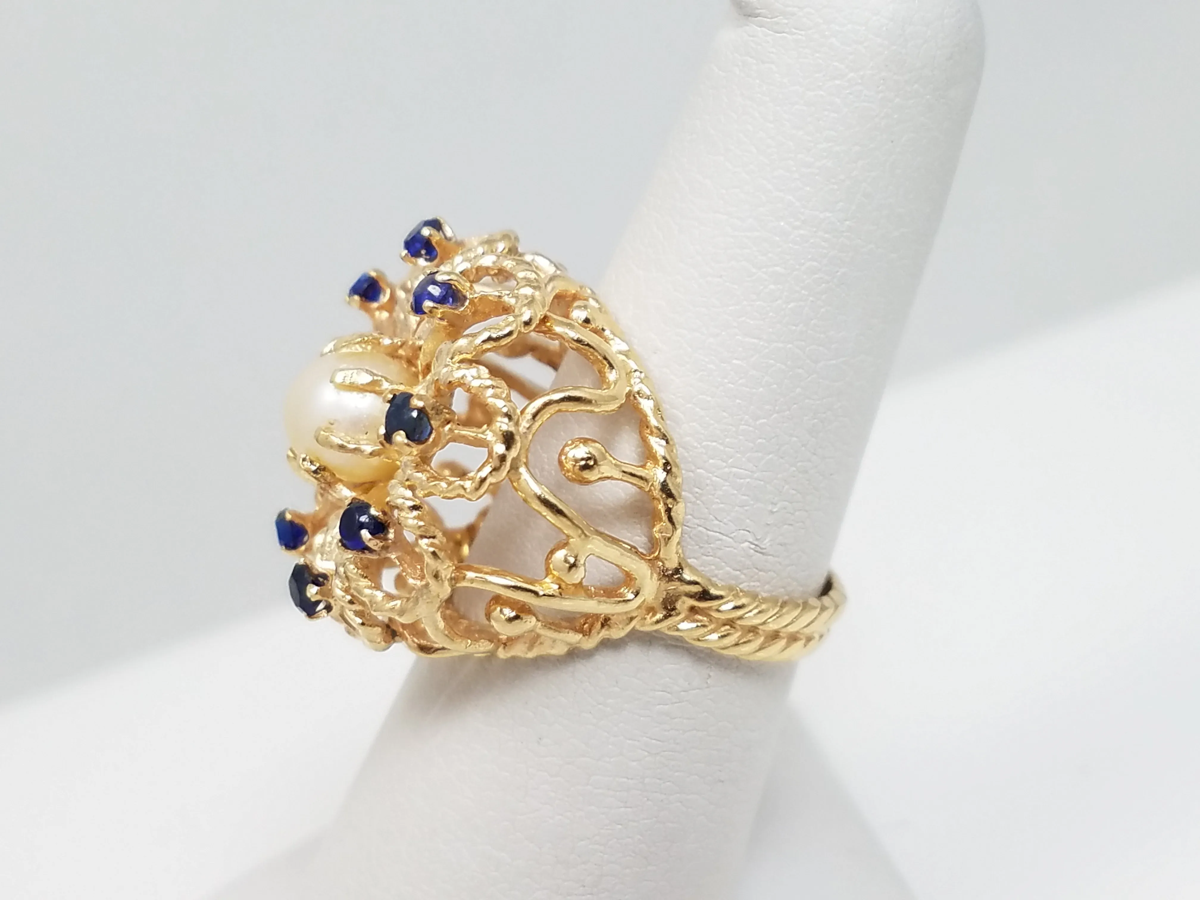 Vintage 14k Yellow Gold Open Work Pearl and Sapphire Ring