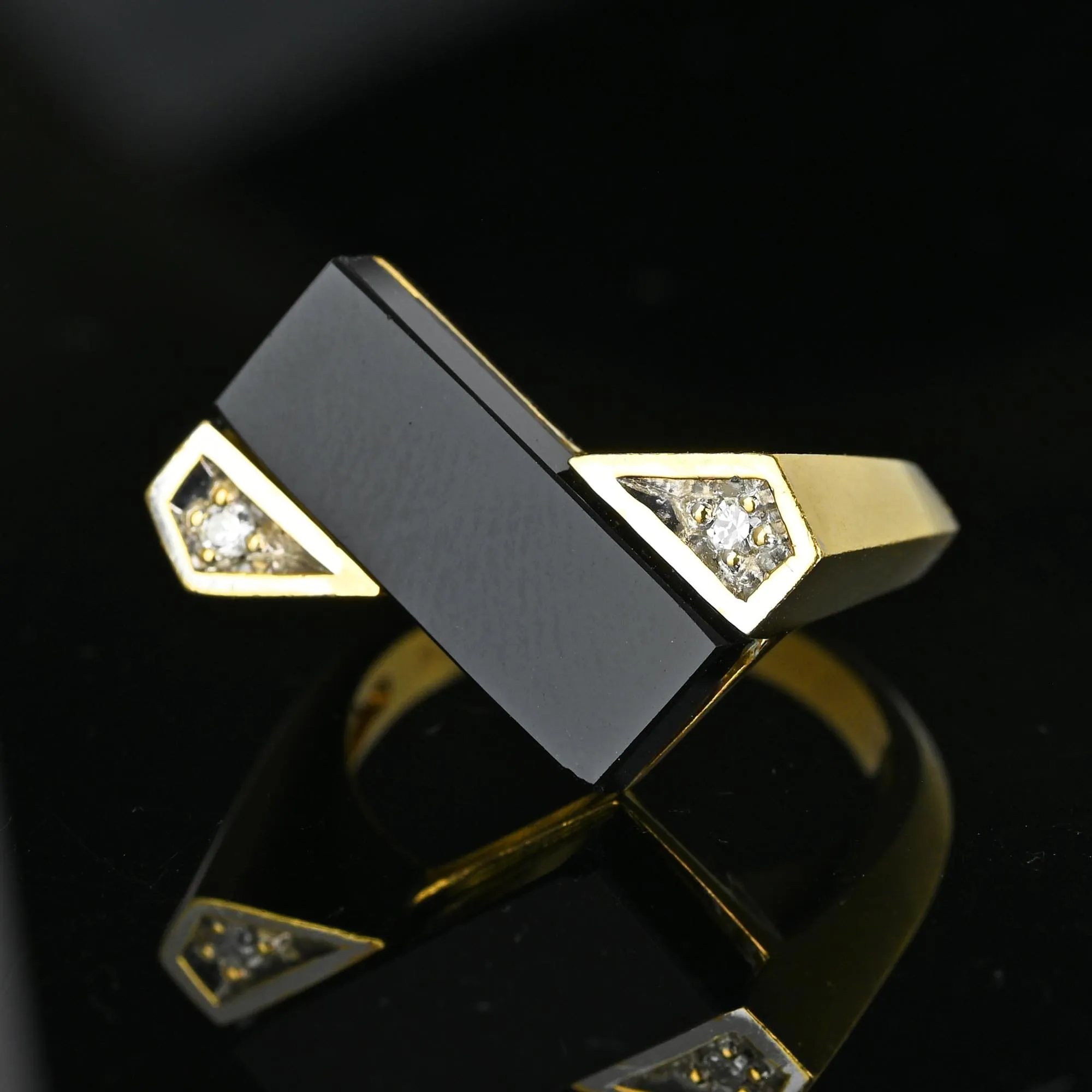 Vintage Heavy 14K Gold Diamond Rectangle Black Onyx Ring