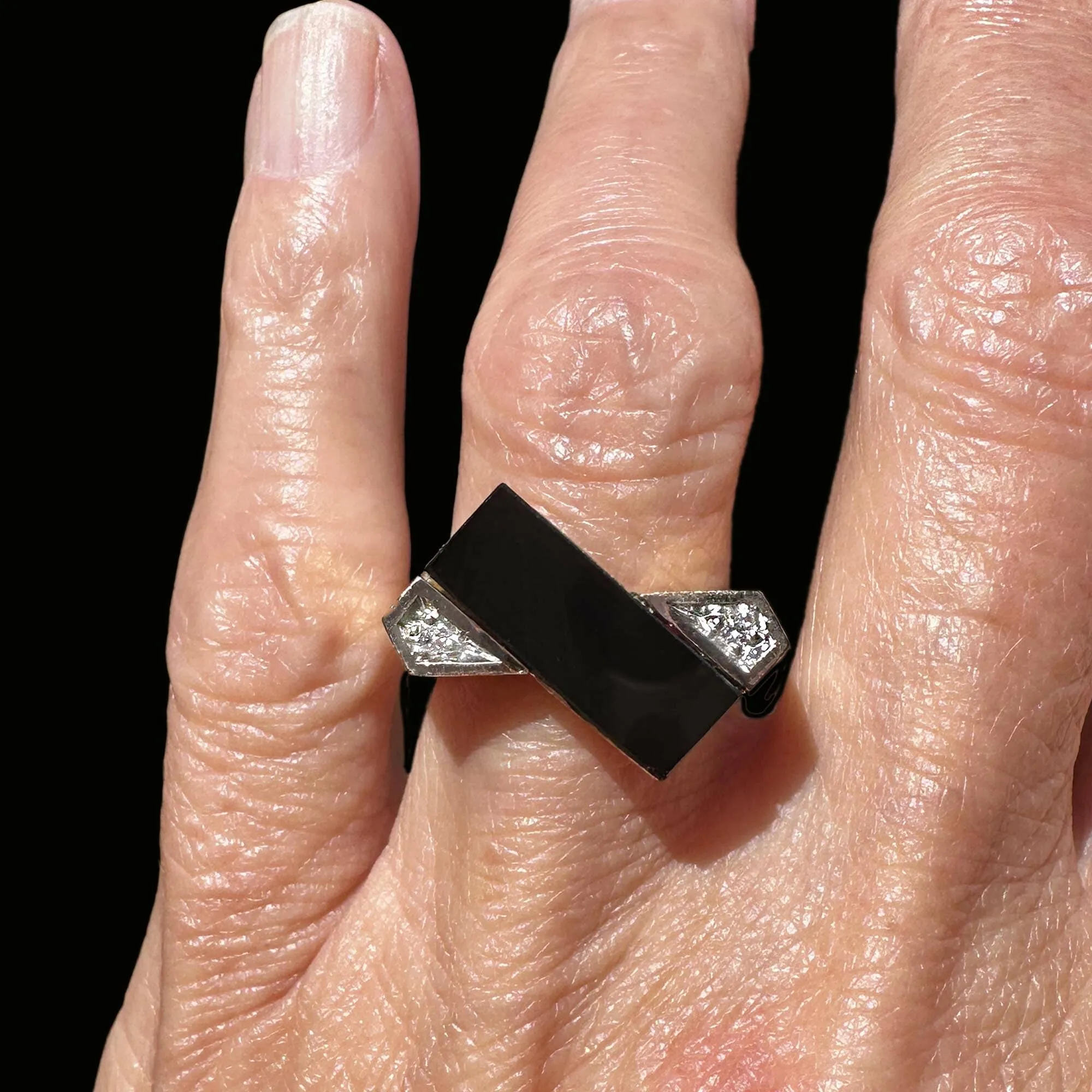 Vintage Heavy 14K Gold Diamond Rectangle Black Onyx Ring