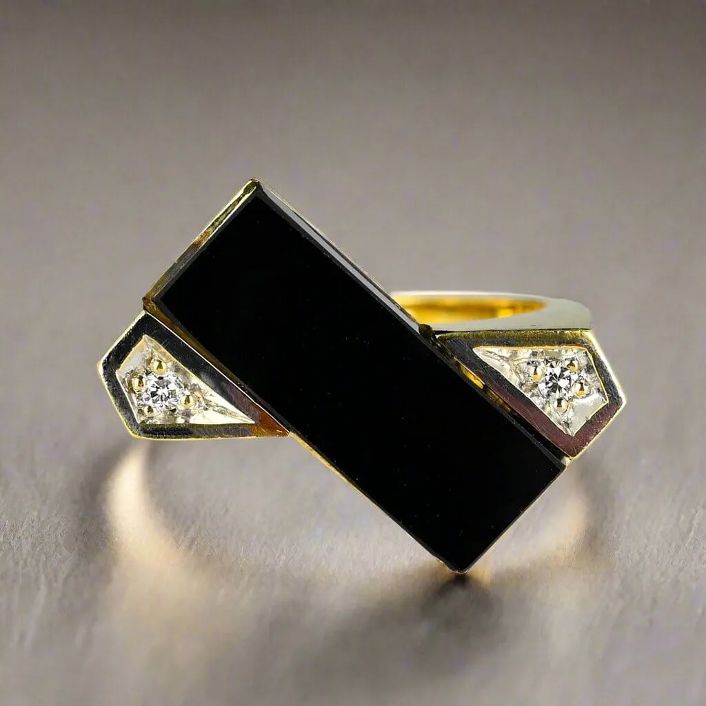 Vintage Heavy 14K Gold Diamond Rectangle Black Onyx Ring