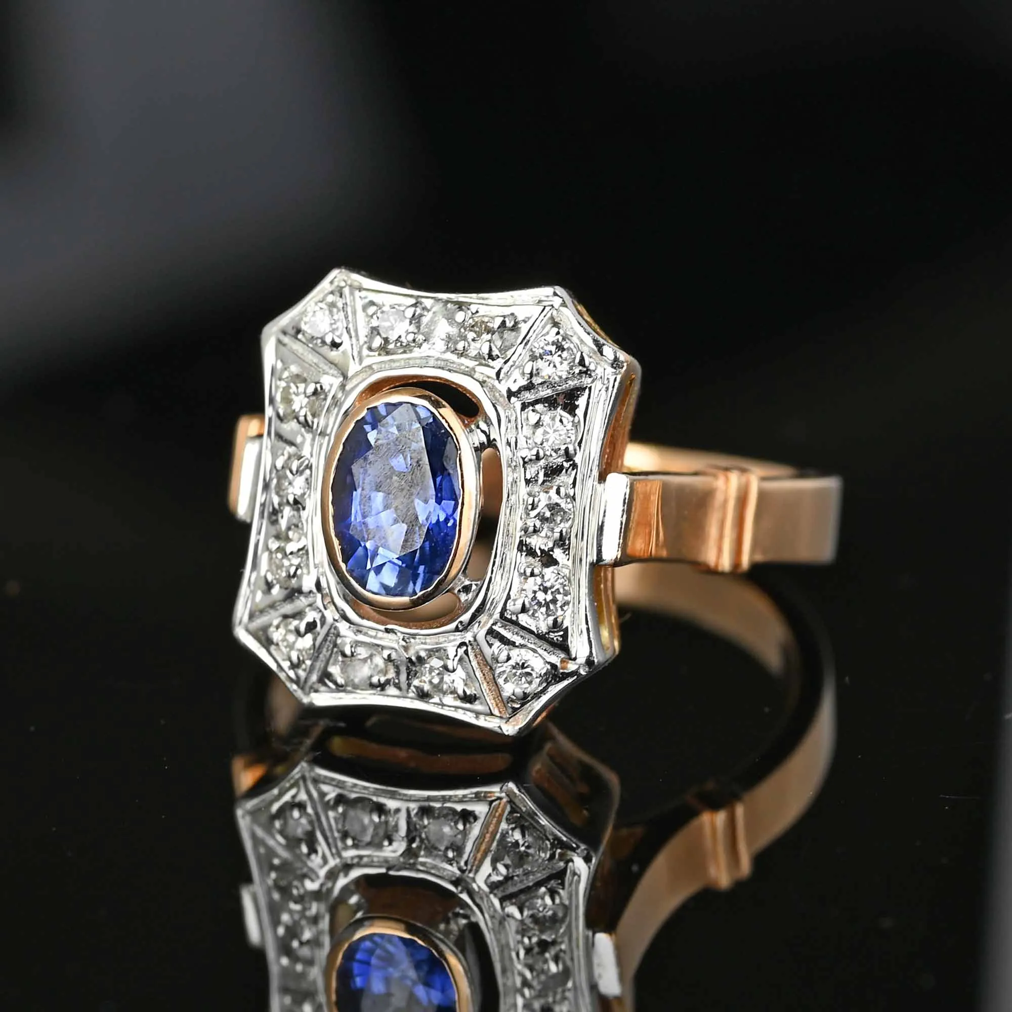 Vintage Sapphire Diamond Cluster Ring in 14K Gold