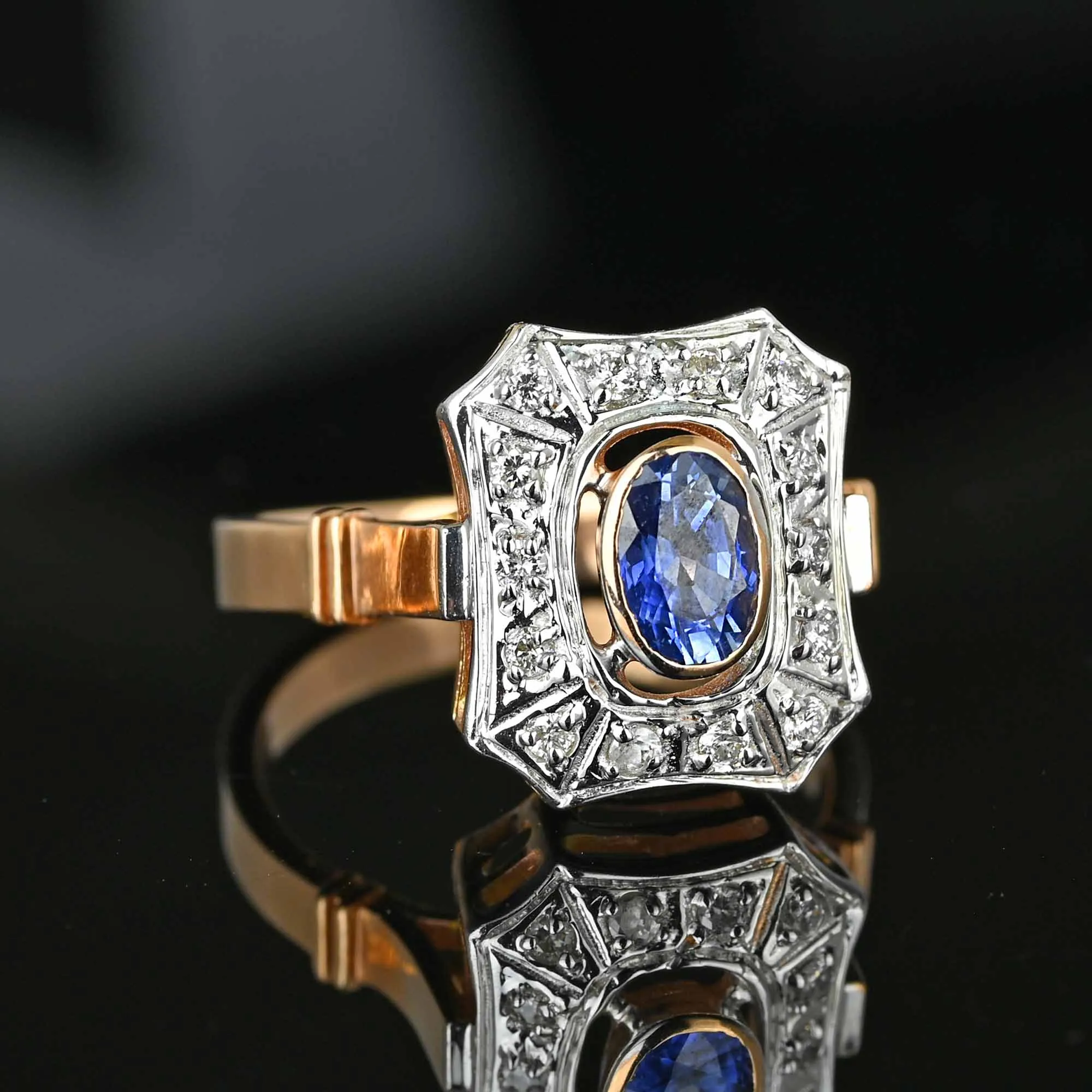 Vintage Sapphire Diamond Cluster Ring in 14K Gold