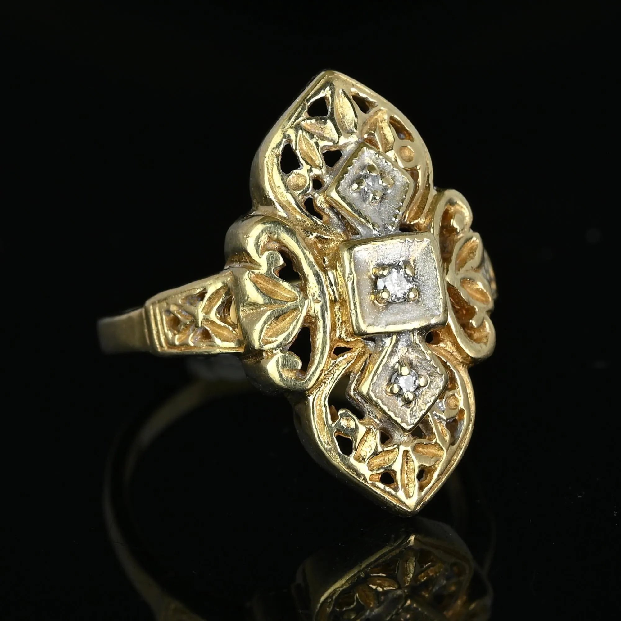 Vintage Two Tone Gold Floral Filigree Diamond Shield Ring