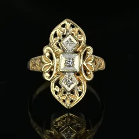 Vintage Two Tone Gold Floral Filigree Diamond Shield Ring