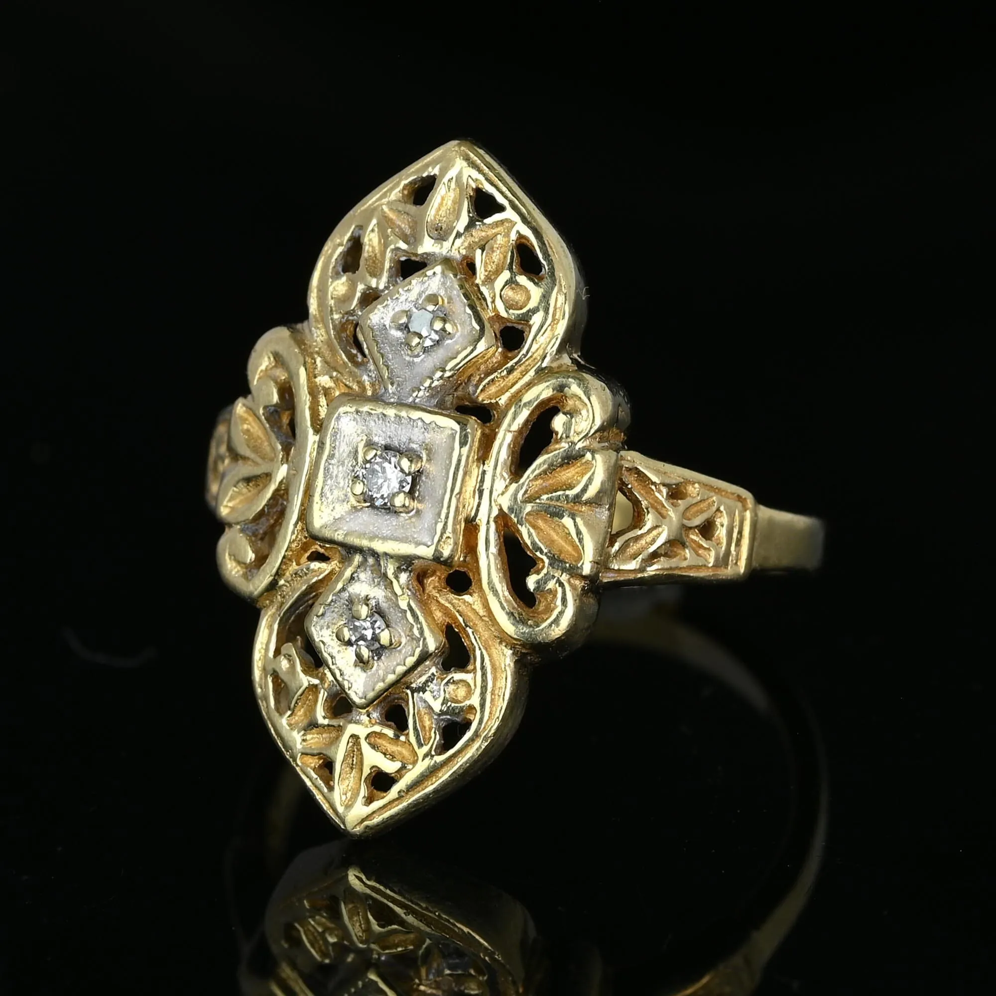 Vintage Two Tone Gold Floral Filigree Diamond Shield Ring