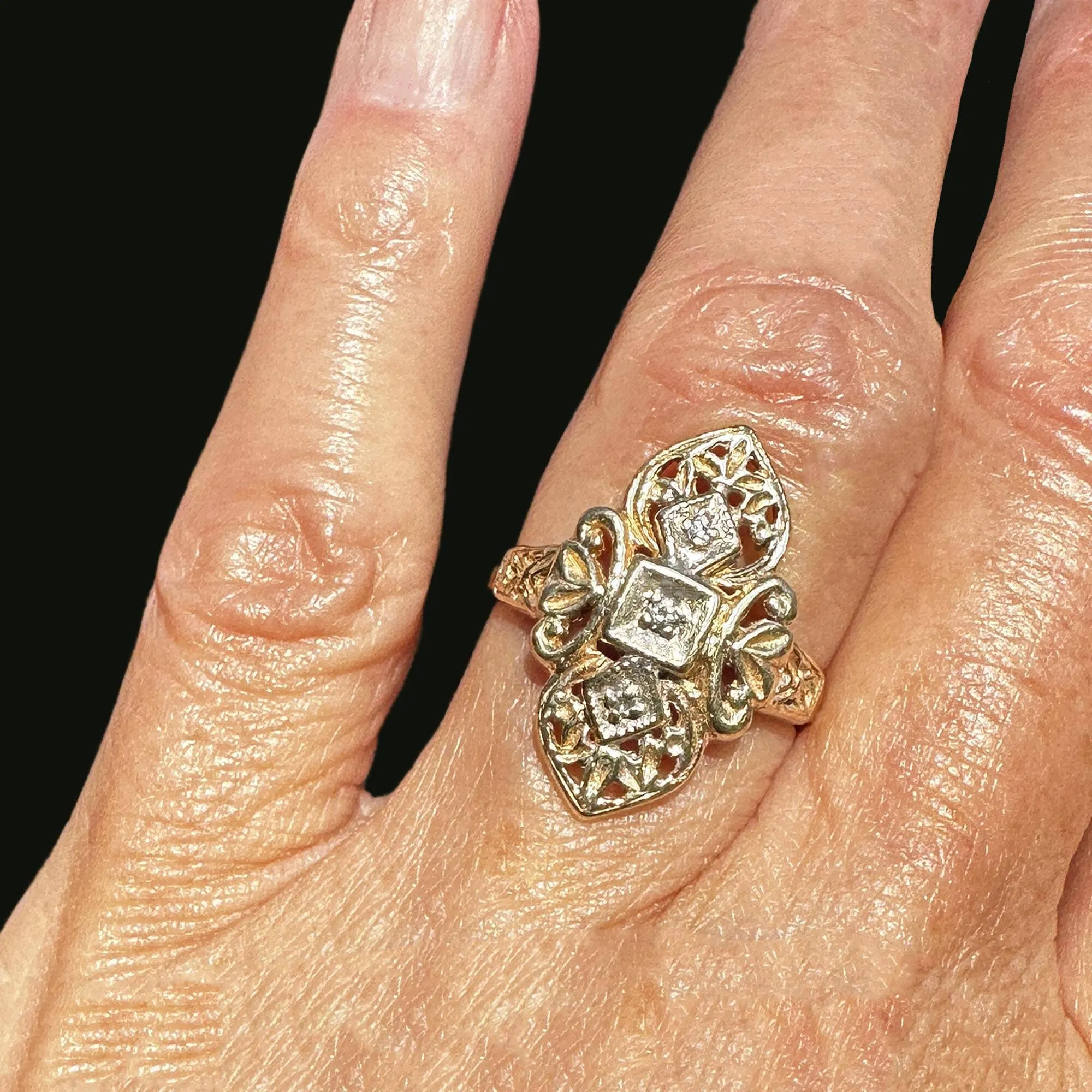 Vintage Two Tone Gold Floral Filigree Diamond Shield Ring