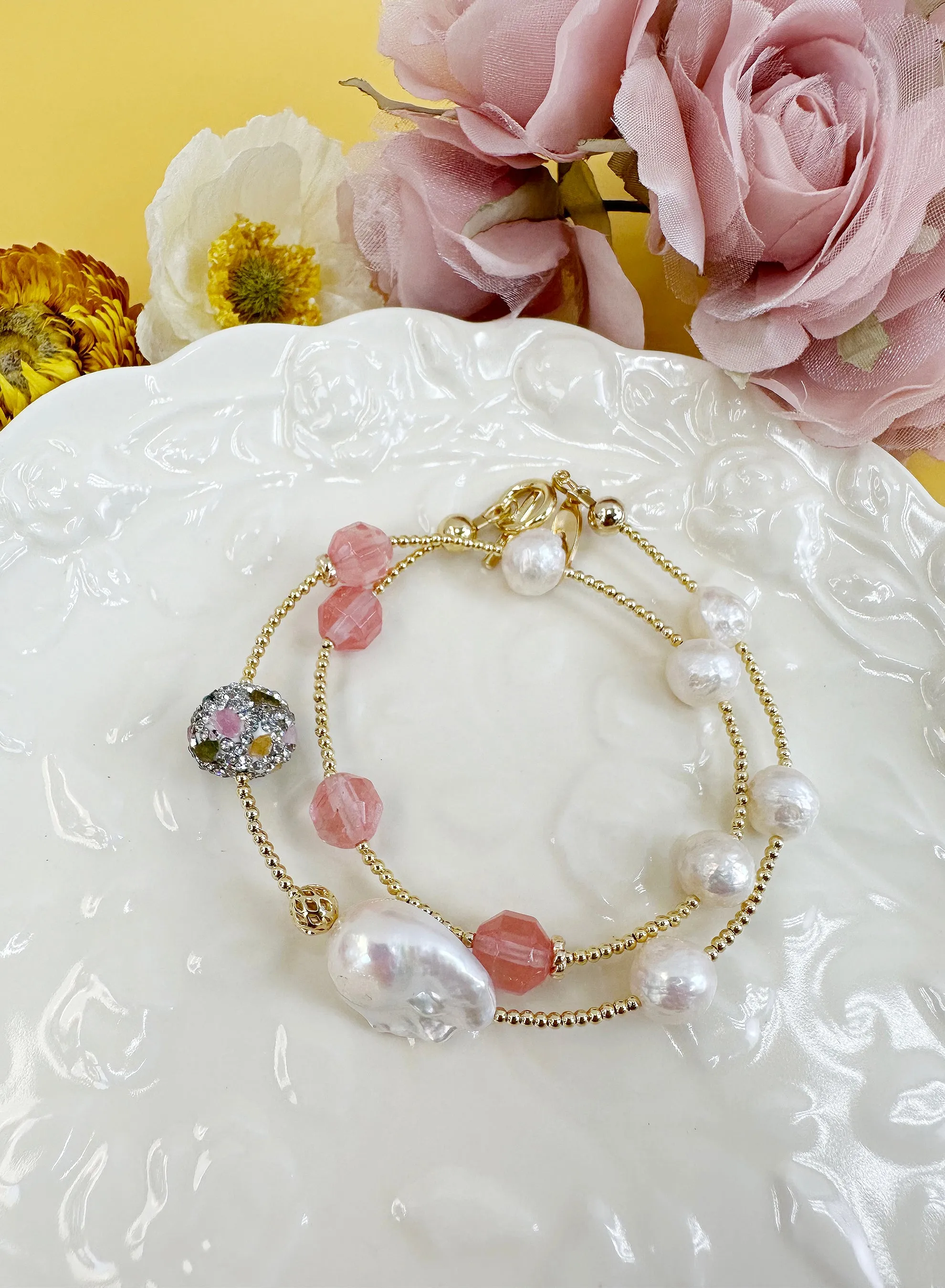 Watermelon Quartz & Freshwater Pearls Bracelet JB003